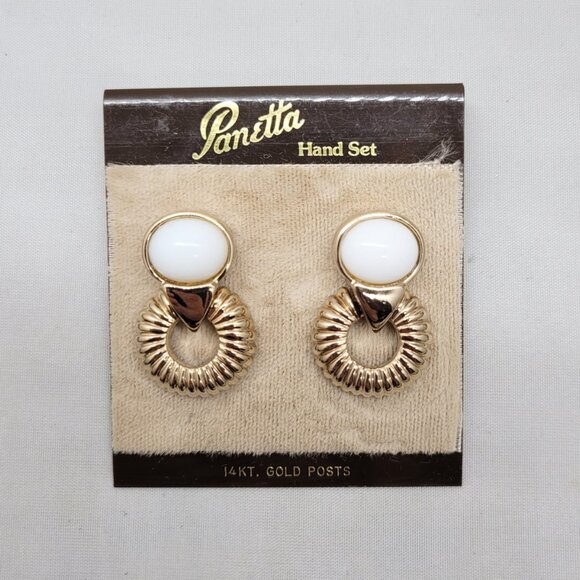 Vintage 1980s Signed Panetta Goldtone White Cabochon Pierced Earrings - Picture 3 of 11